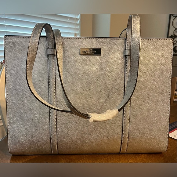 kate spade Handbags - Kate Spade Metallic Silver Lunar Light Saffiano Leather Large Tote Kenzie NEW